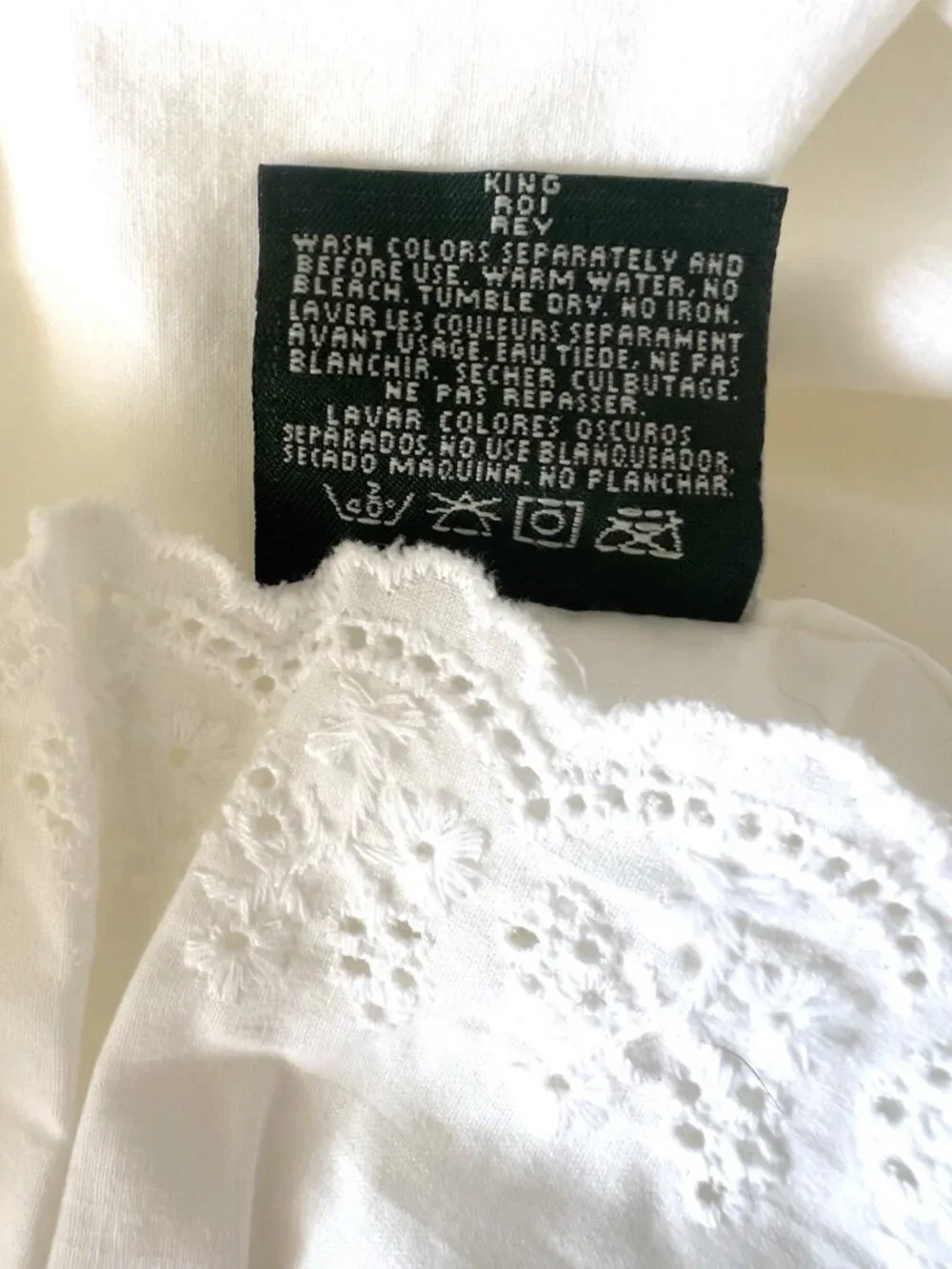 LAUREN RALPH LAUREN KING Flat Sheet Bromley White Ruffled Eyelet 100% Cotton USA